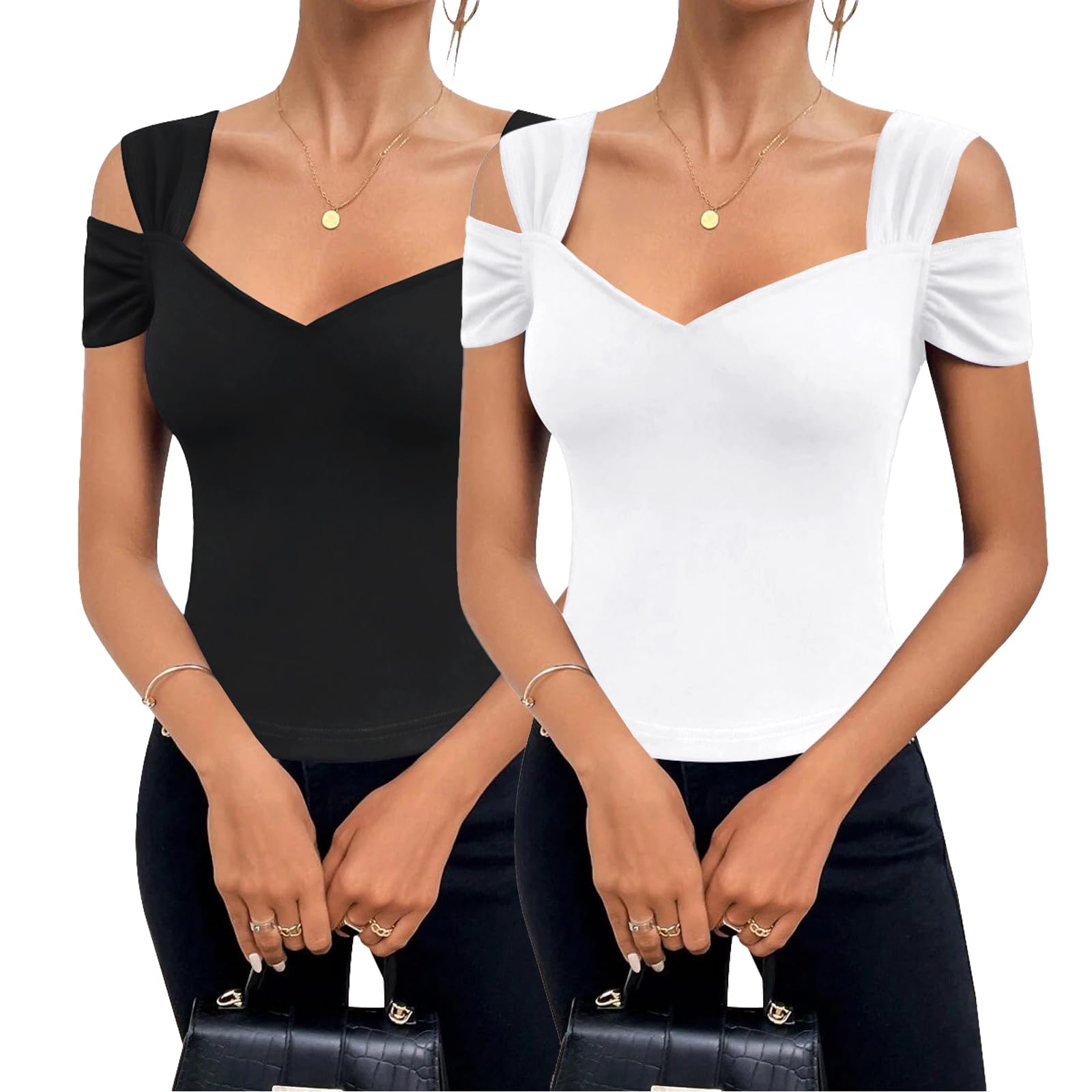 Blingfit Cold Shoulder Tops Summer Tunic Shirts for Women T Shirts V Neck Short Sleeve Casual Tees Blouses 2025