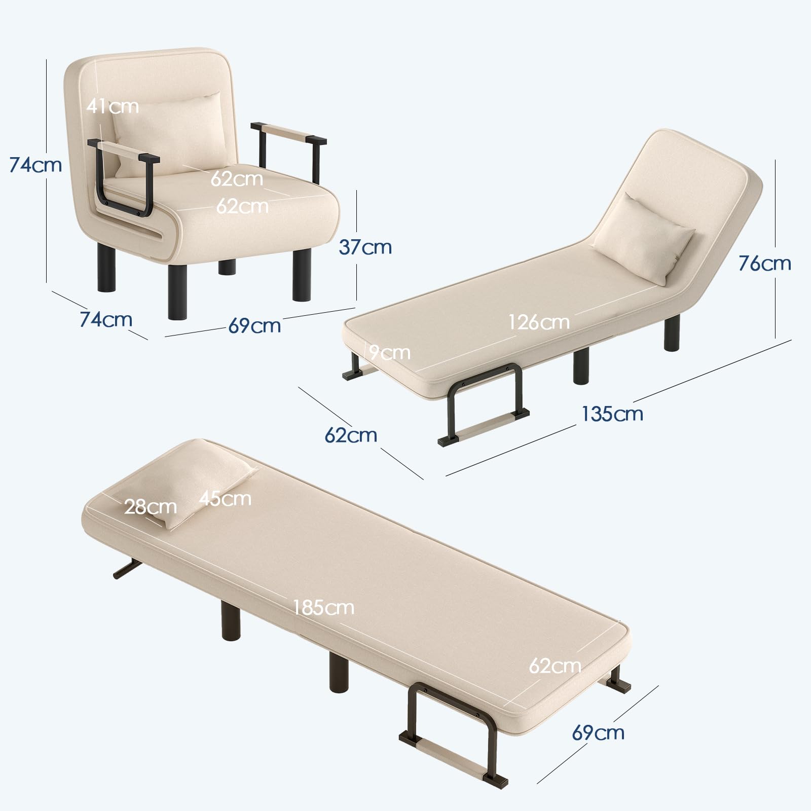 Chauffeuse Canapé-Lit 4-en-1, Chauffeuse 1 Place, Fauteuil Lit Convertible, Lit d'Appoint Chaise Longue avec Dossier Réglable en 6 Positions et Coussin pour Salon Chambre Bureau, Beige