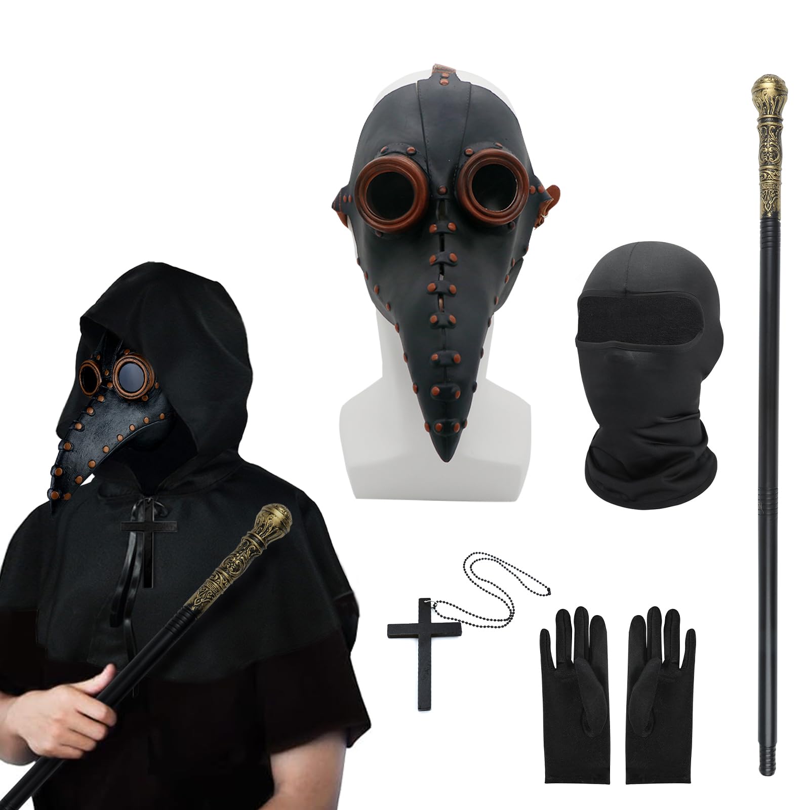 MAINOSHY 6PCS Plague Doctor Mask Costumes Set, Halloween Mask Long Nose Bird Beak Steampunk Mask with Cloak Crucifixion Necklace Black Gloves Scepter Halloween Costume Props