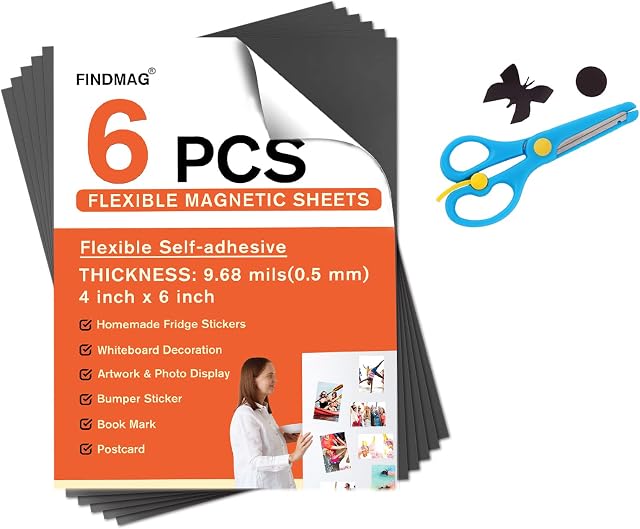 6 Pack Magnetic Sheets, Magnetic Sheets with Adhesive Backing, Magnets for Crafts, 4 x 6 inches Flexible Self Adhesive Magnet Sheets for DIY, Magnetic Sheets Can be Cut into Any Pattern for Use