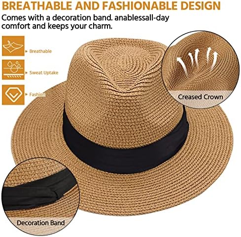 Voqeen Women Wide Brim Straw Panama Hat Travel Foldable Packable Hat Adjustable Belt Buckle Fedora Beach Sun Hat UPF50+