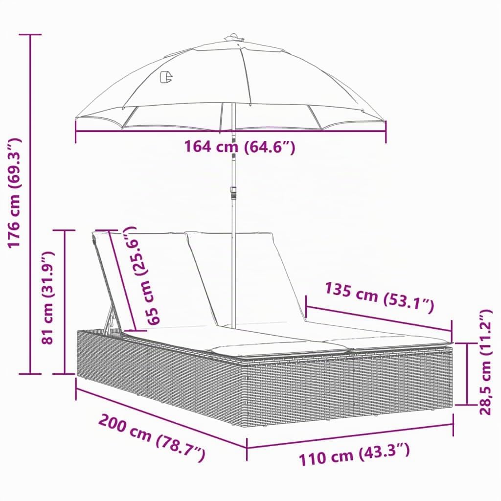 vidaXL Chaise Longue Double et Coussins et Parasol Gris résine tressée
