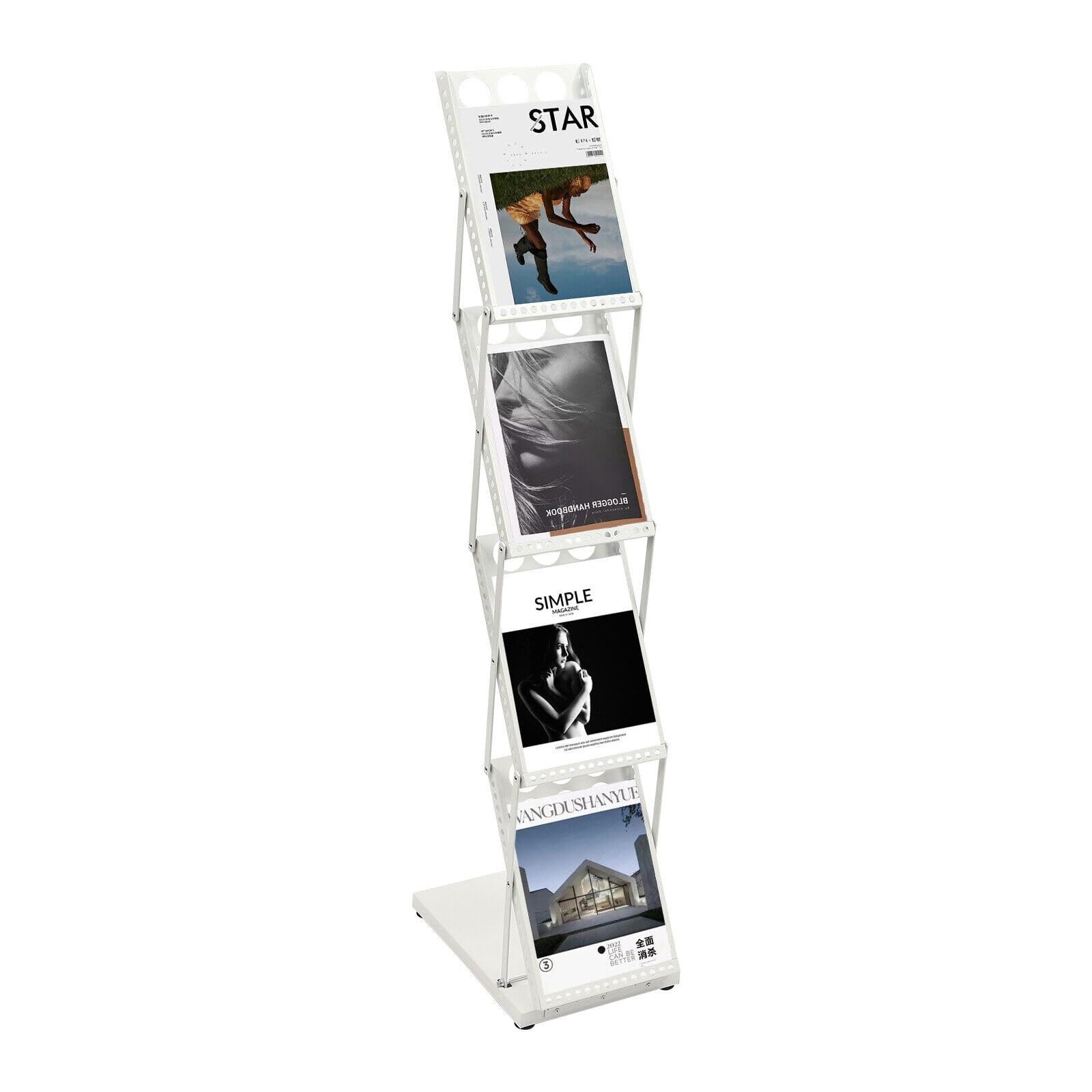 Présentoir à prospectus pliable A4 - Étagère à 4 étages - Blanc - Avec porte-brochures de fond - Présentoir à prospectus - Porte-revues pliable