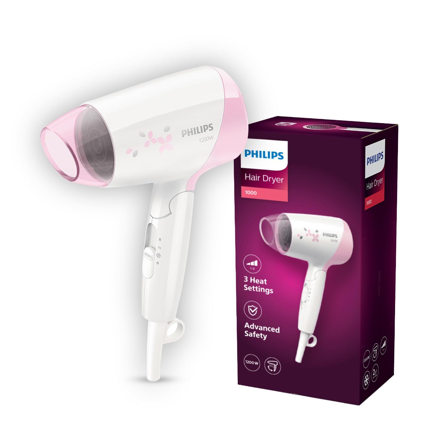 Philips Foldable Hair Dryer 1200 Watts| Advanced Safety with Wave Heat Tech | 3 Heat Settings with Cool Shot (Hot/Cool/Warm) | ThermoProtect Technology | HP8120/00 - Pink | Perfect Blow Dry & Style | 2 years Warranty