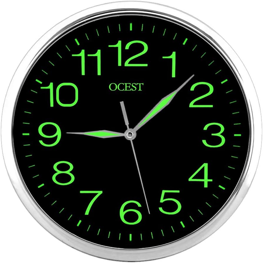 OCEST 12 Inch Wall Clock with Night Light Non Ticking Silent Quality Quartz Large Display Battery Operated Indoor Outdoor Decorative Clock for Bedroom Living Room Kitchen Office Garage School