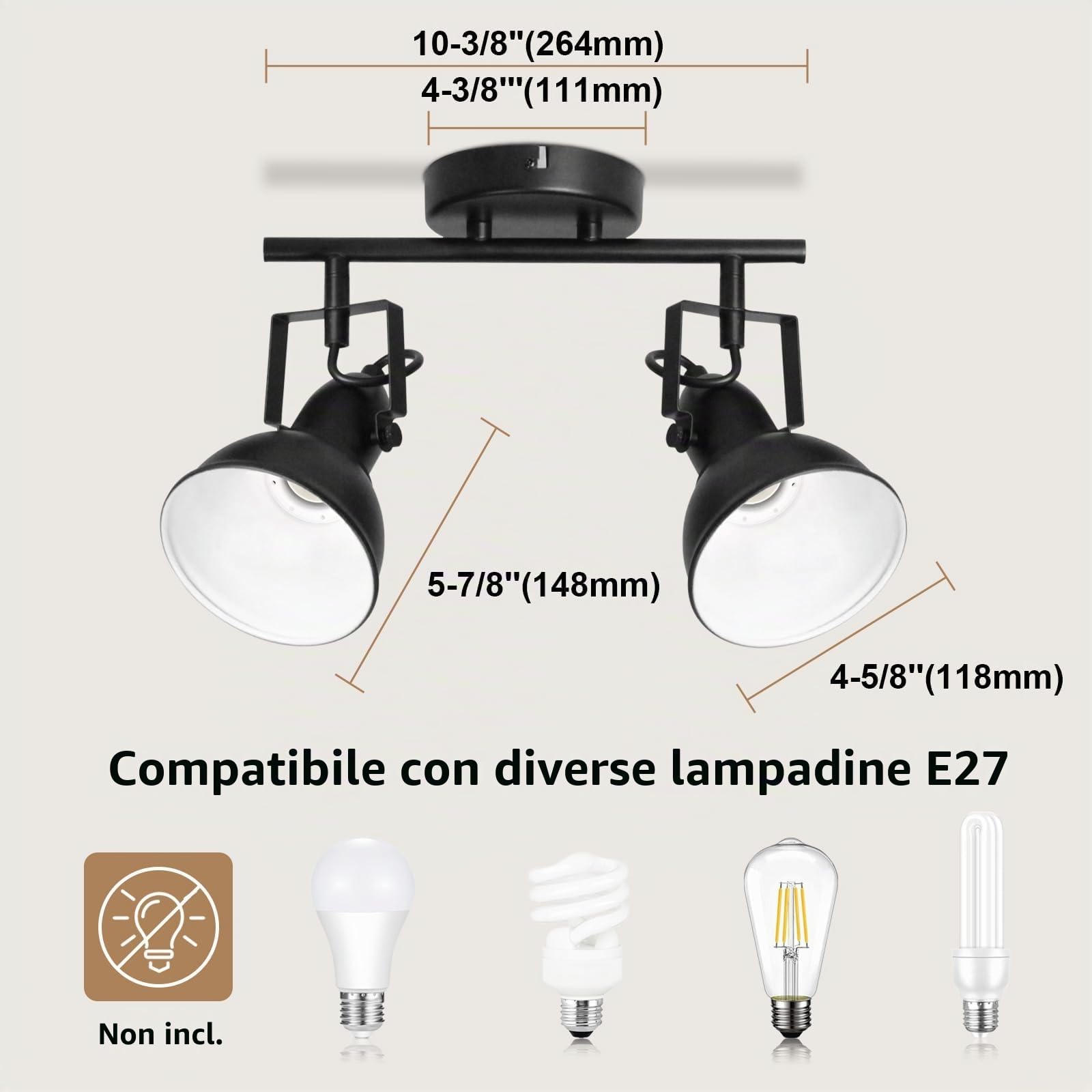 HiBay Lampada Faretti da Soffitto LED E27 Orientabili 2 Luci,Plafoniera Faretti da Soffitto Faretto da Parete in Bianco e Nero VintageMuro per Soggiorno Cucina Cameretta(Senza Lampadina)