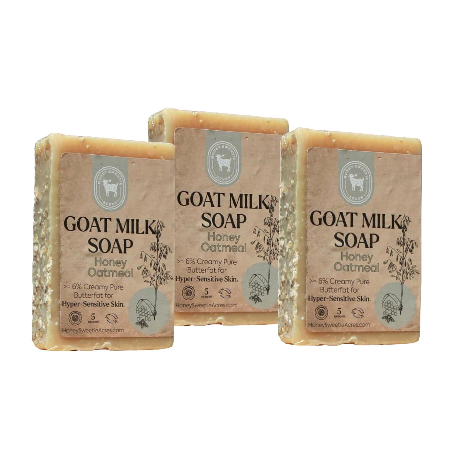 Honey Sweetie Acres 3-Pack Honey Oatmeal Goat Milk Soap - Handmade 5 oz Bar, Made with Natural Ingredients, Moisturizing & Gentle, Made in the USA