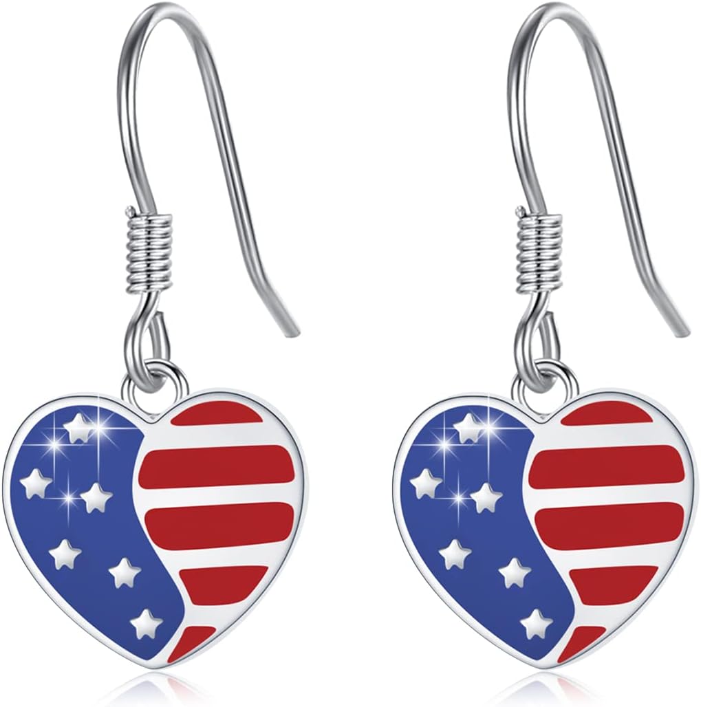 USA Flag Dangle Drop Earrings 925 Sterling Silver Patriotic Earrings Red White Blue Heart Stud Earrings Independence Day Jewelry for Patriot Women Men