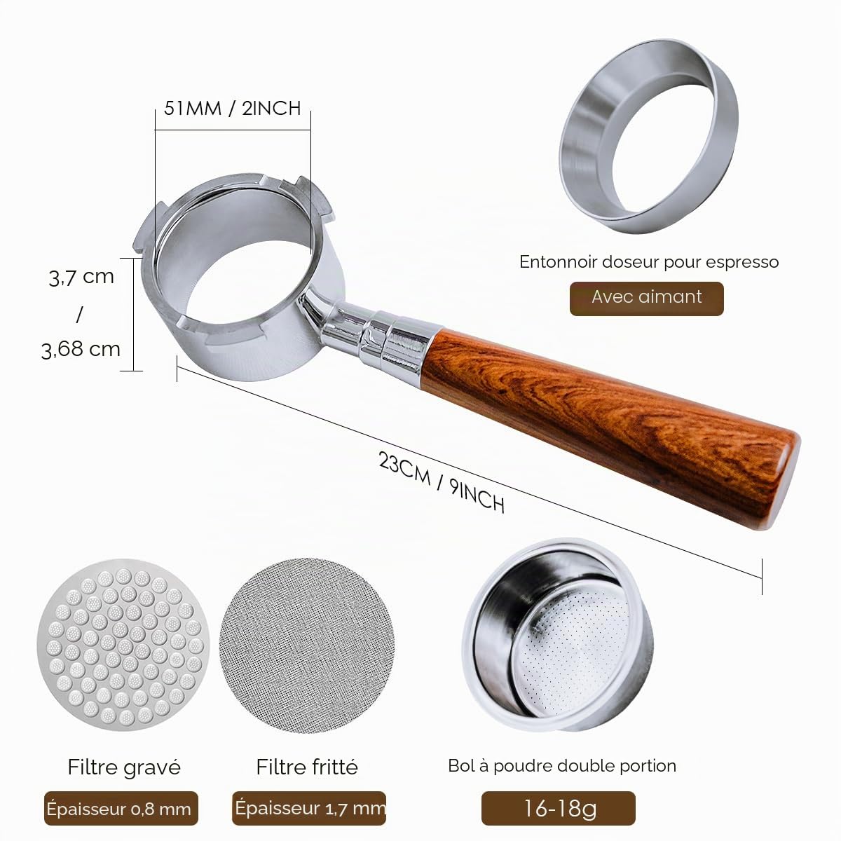 Porte-filtre sans fond de 51 mm avec 3 oreilles, porte-filtre sans fond en bois de palissandre rouge pour DeLong EC680/EC685/EC785/EC820/EC850/EC860 avec bols à poudre bague de dosage (Style C)