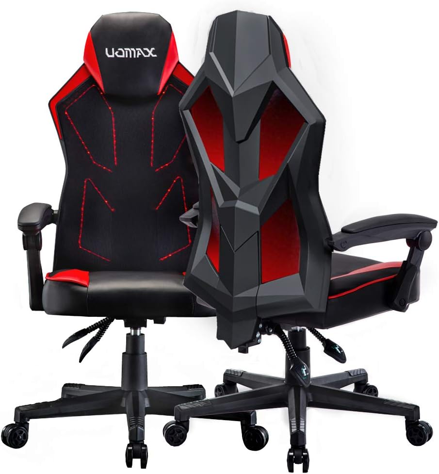 UOMAX LED Gaming Chair Light Computer Chairs with Ergonomic Mesh Back Support. Flatten Widen Seat Cushion Reclining Office Chair, Adjustable PC Gamer Chair with Swivel Rolling(Red)
