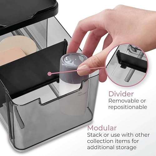 Miniatura 5 de iDesign The Sarah Tanno Collection - Organizador de cajones de cosméticos apilable mediano con tapa y divisor, ahumadonegro