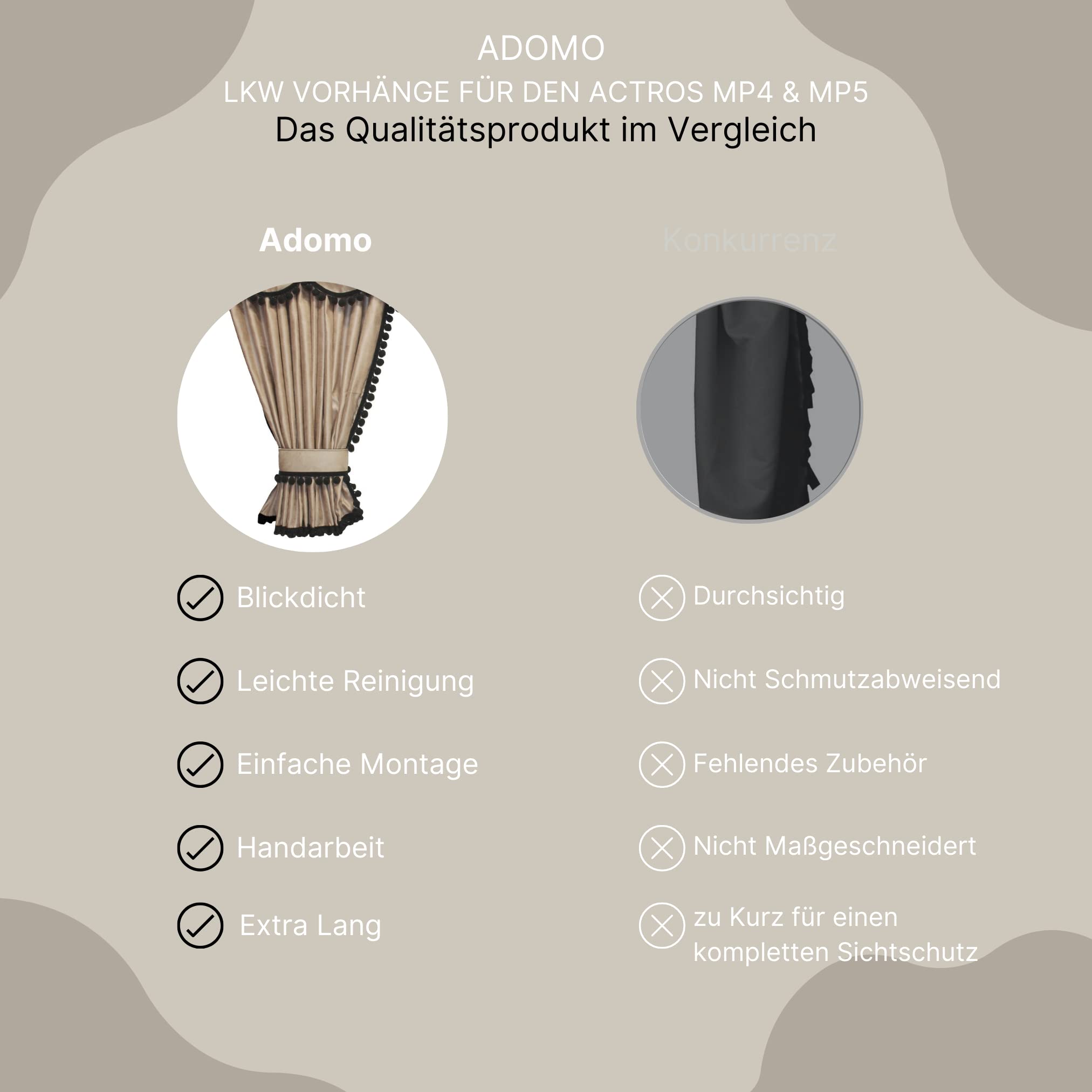 LKW Vorhänge Set - 7-Teilig - Actros MP4 & MP5 - Handgefertigte Cab Curtain - Extra Lang - Sichtschutz & Verdunkelung - Einfache Installation & Pflegeleicht
