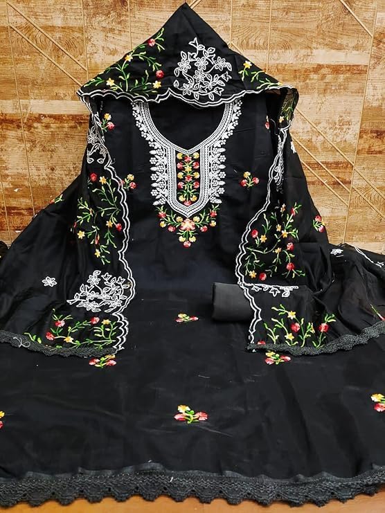 Women's Chanderi Cotton Embroidery Work Unstitched Salwar Suit, Women's Dress Material With Chanderi Dupatta