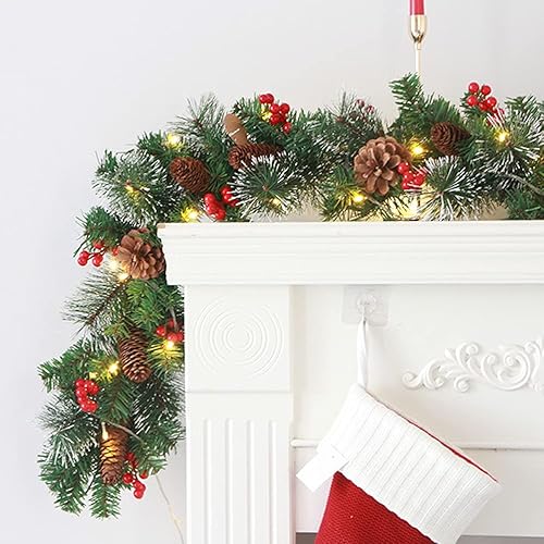 Miniatura 7 de Guirnalda de Navidad con 50 luces LED, guirnalda de abeto de Navidad artificial de invierno, guirnalda de pino artificial preiluminada con bayas