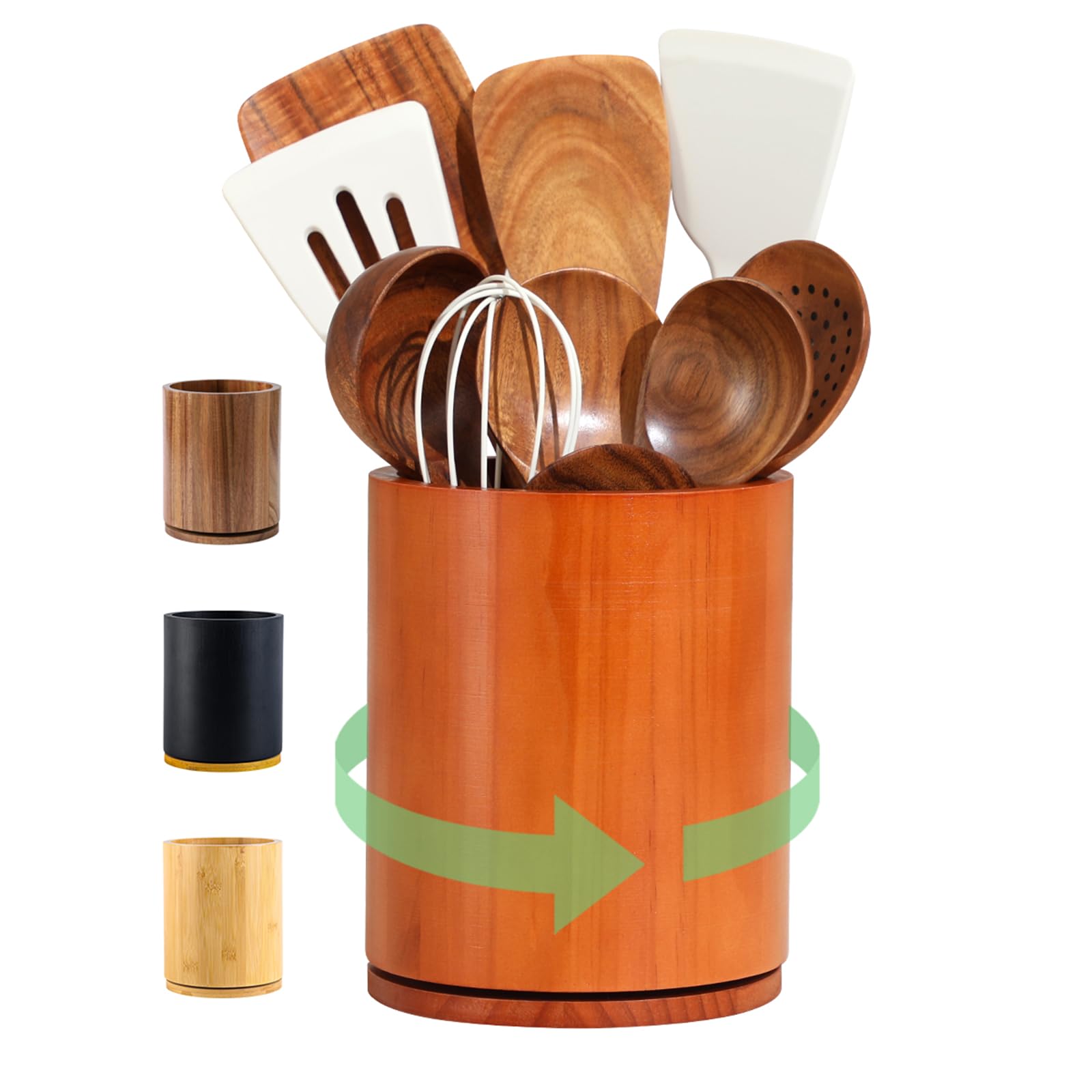 Wood Utensil Holder, 360° Rotating 7.3 in Kitchen Organizer