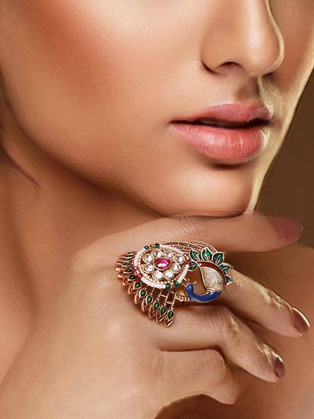 Multicolor Studded Peacock Floral Plated Ring, Statement Piece