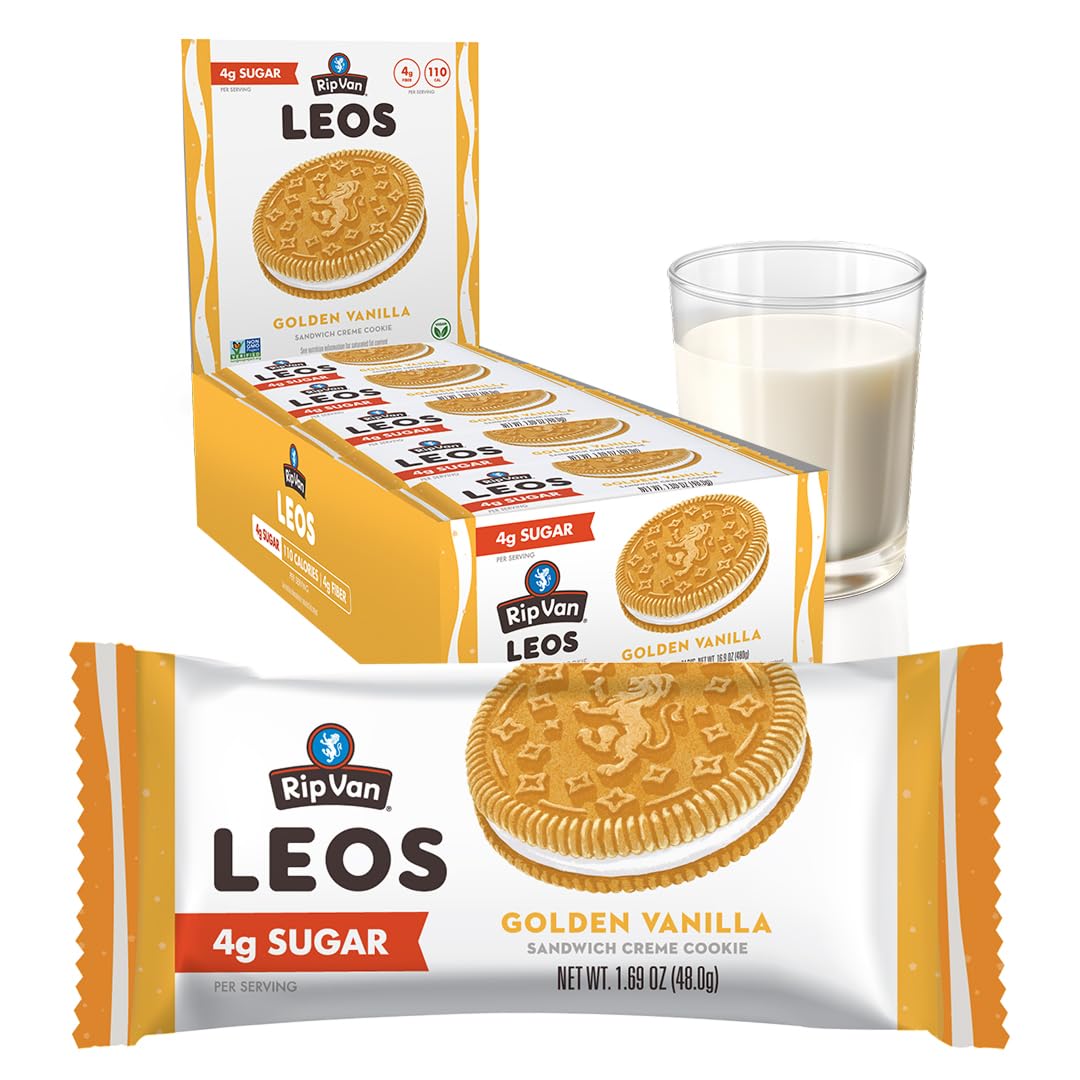 Rip Van LEOs - Golden Vanilla Sandwich Cookies - Low Sugar Snack Cookies - Low Carb Snack - Diabetic Snacks - 40 Low Sugar Cookies (10 Packs of 1.69oz)
