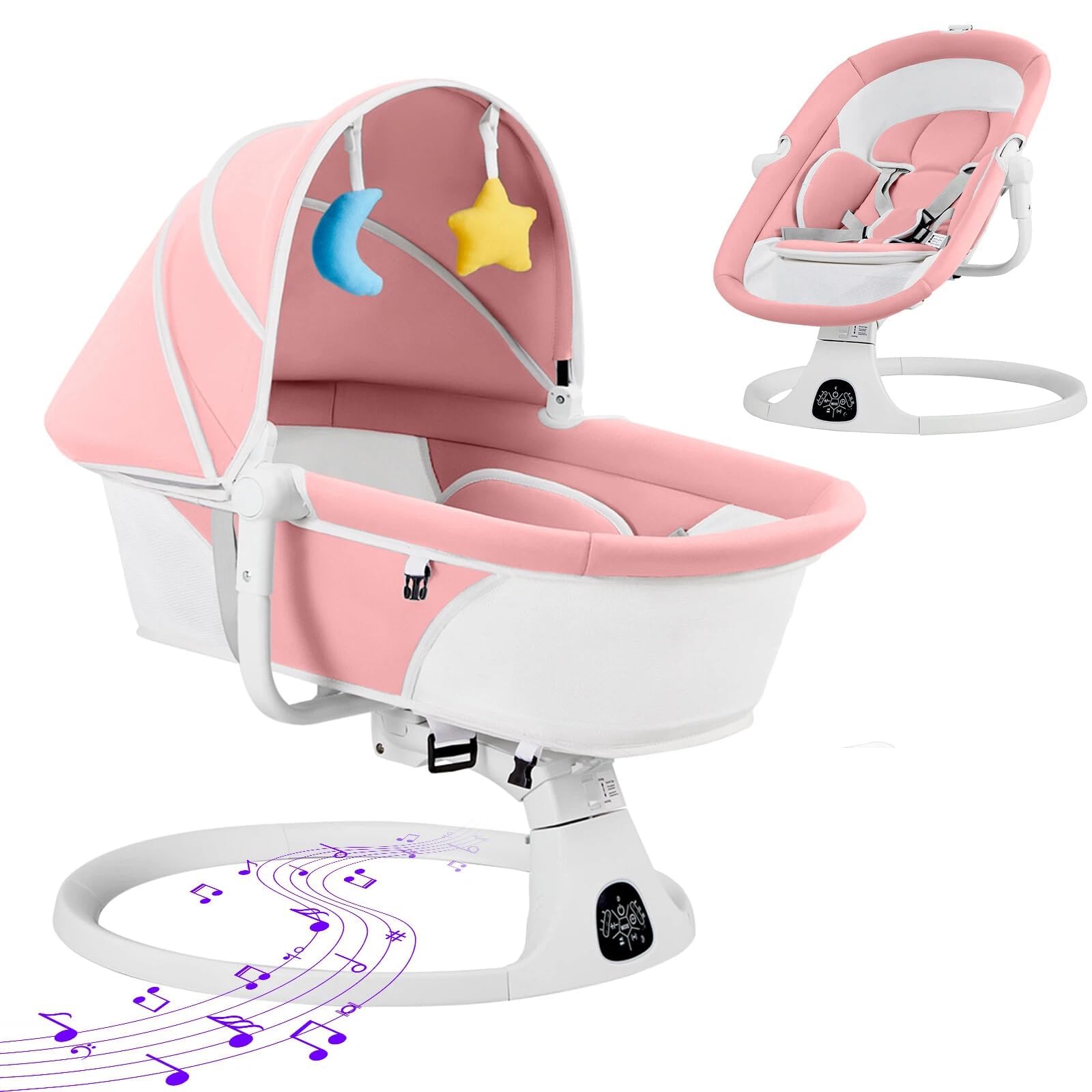Mecedora Eléctrica para Bebé, Columpio para Bebe, Con Mando a Distancia & Pantalla Táctil, 5 Velocidades de Balanceo,Detección Inteligente, 10 Canciones de Cuna, Función Bluetooth (Rosa)