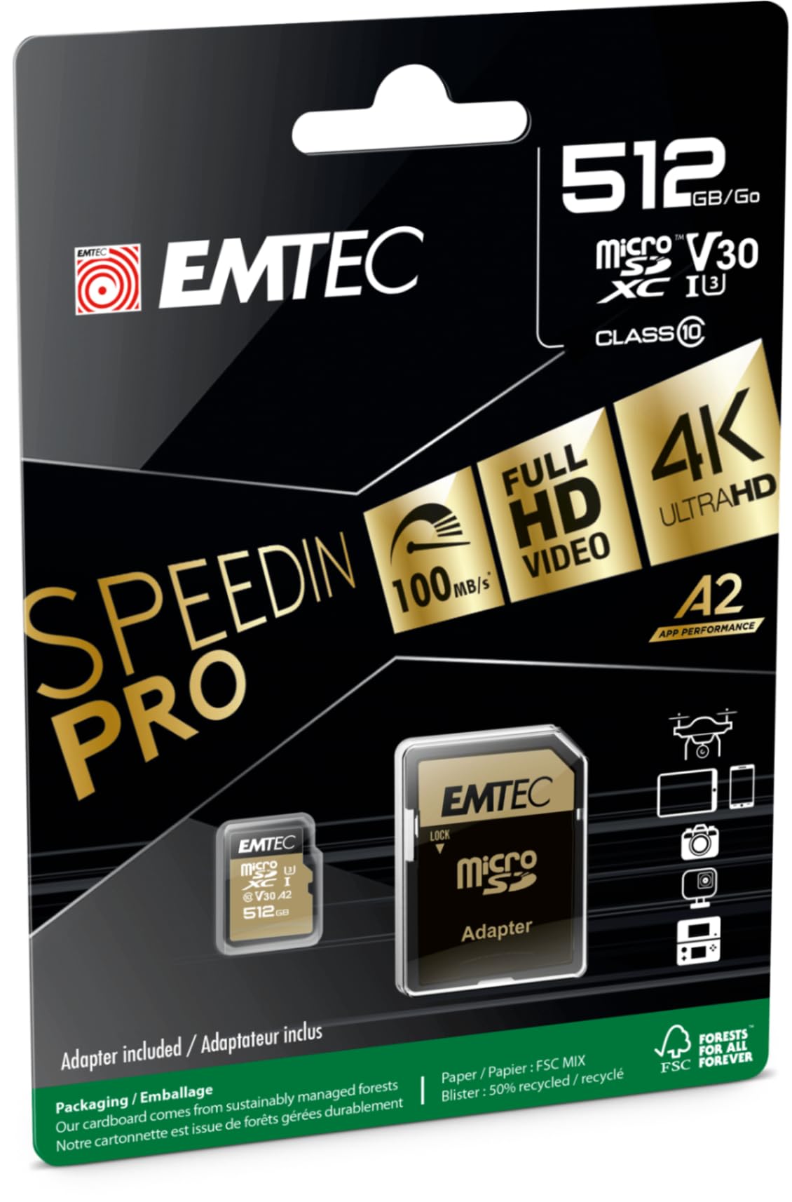 Emtec - Carte microSD UHS-I U3 V30 A1 - 512 GB, 256 Go - ECMSDM256GXC10SP - Gamme Speedin - Avec adaptateur - Vitesse de lecture et écriture jusqu'à 100 MB/s, 100 Mo/s - Noir/Or