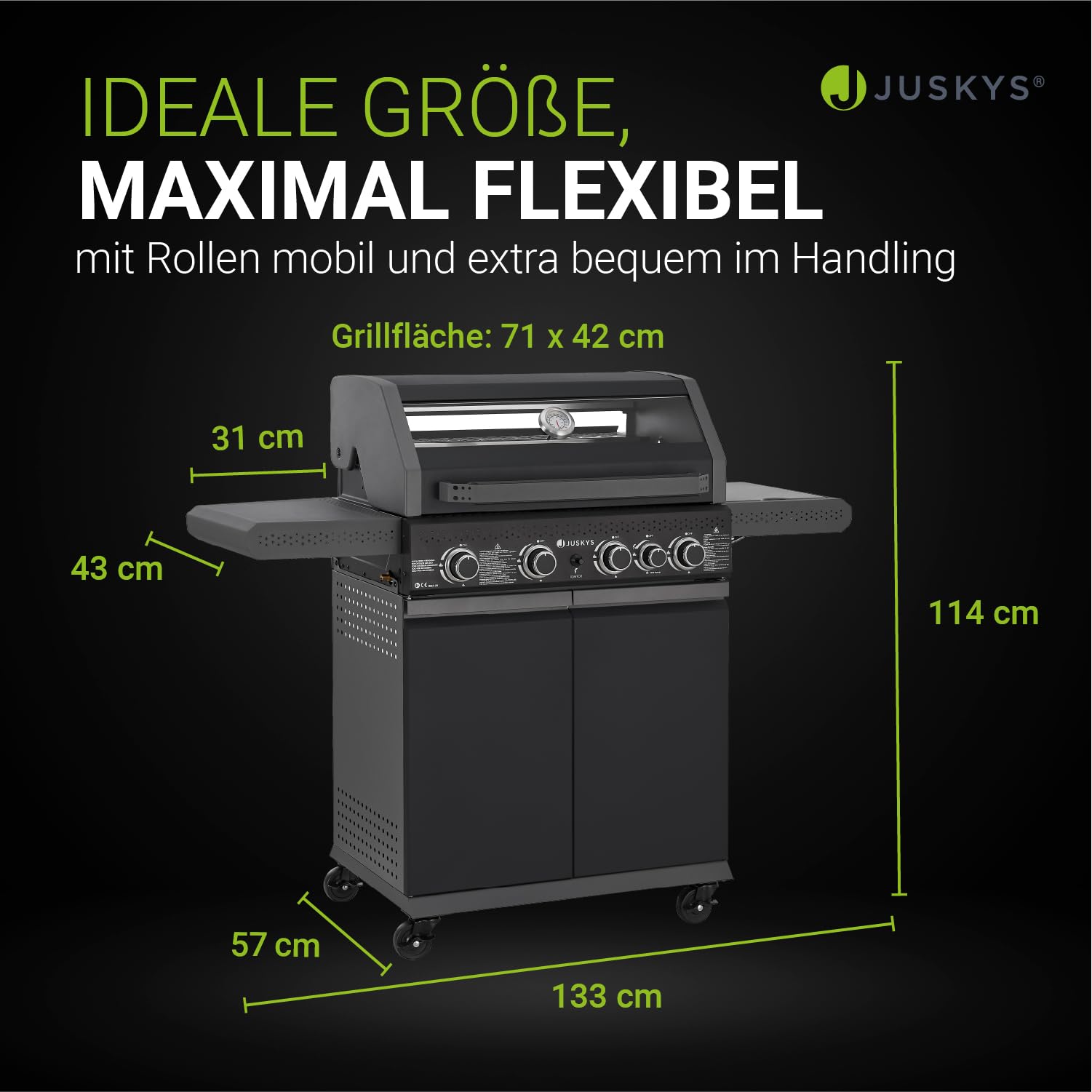 Juskys BBQ Gasgrill Savannah - 4 Brenner und 1 Seitenbrenner - XXL Stahl Gas Grill mit Gusseisen Grillrost, Kochfeld, Unterschrank für Gasflasche