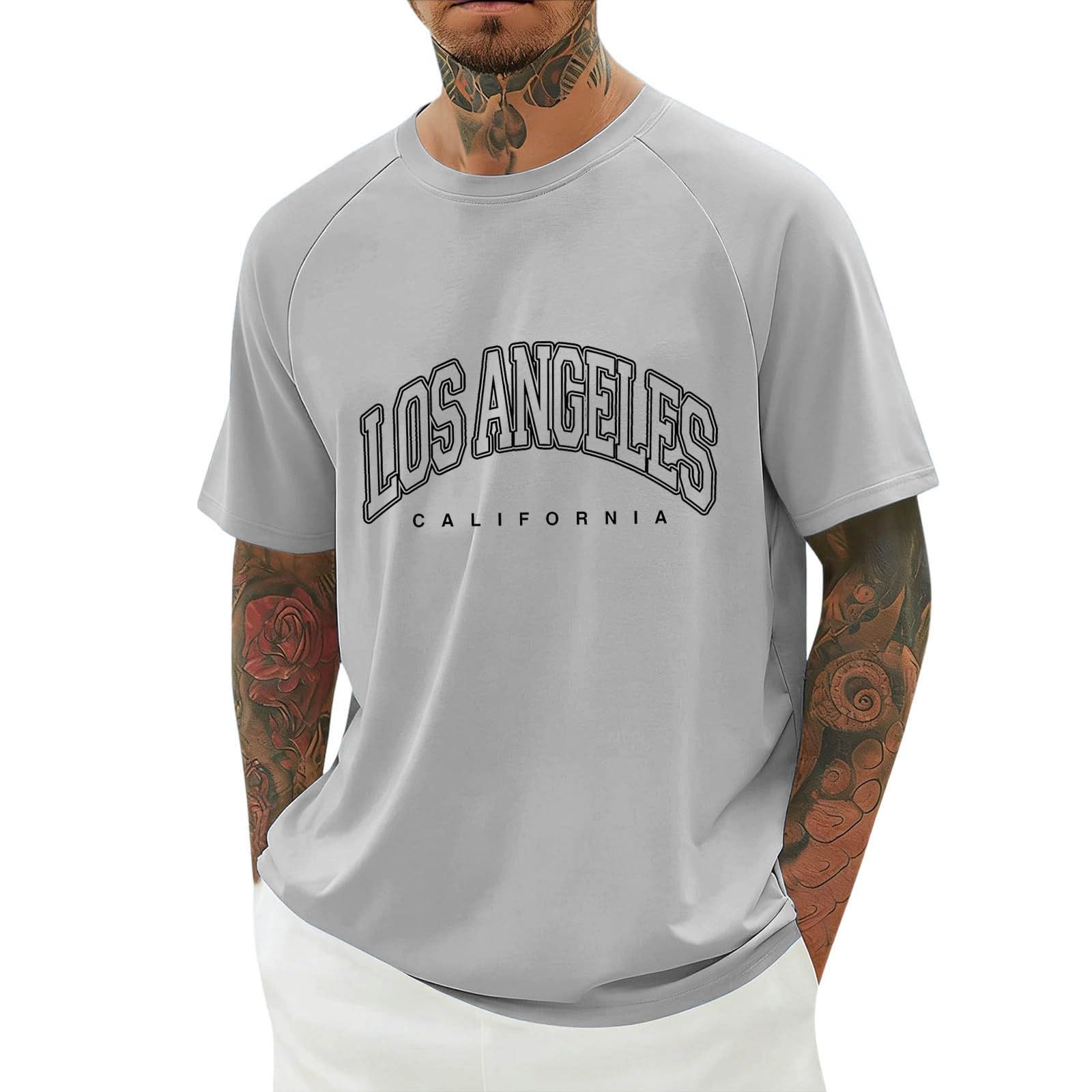 YOSUWOAI T-Shirts for Men, Los Angeles Print T-Shirt, Summer Short Sleeve Crew Neck Tops, Men's Casual Sports Shirt, Loose Tee Shirts, Streetwear, Comfortable, Breathable, Short Sleeve Shirt, O Light