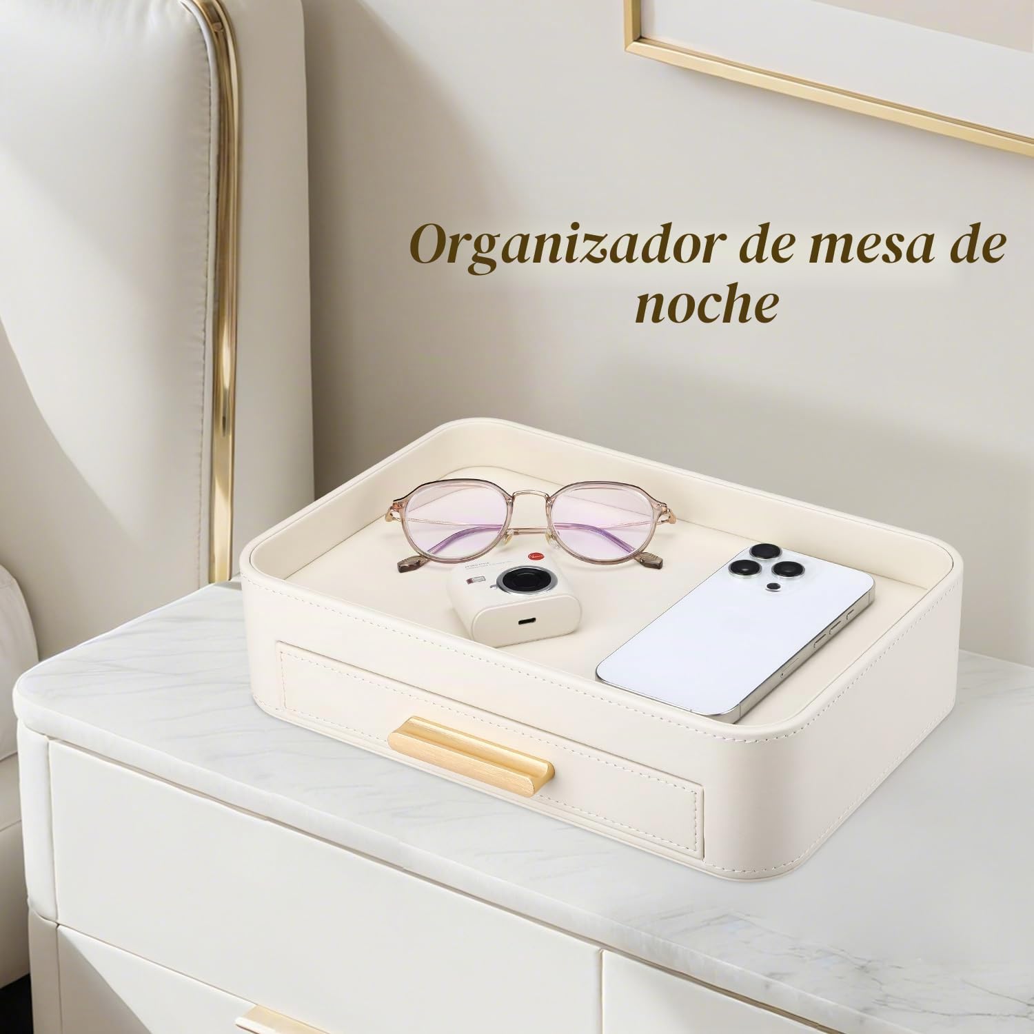 GORESE Bandeja para Joyas, Bandeja de Valet con Cajón Cuero Bandeja de Mesa de Noche Organizador Vaciabolsillos Escritorio Bandejas Decorativas para Llaves,Maquillaje,Joyería,Moneda(Blanco Marfil)
