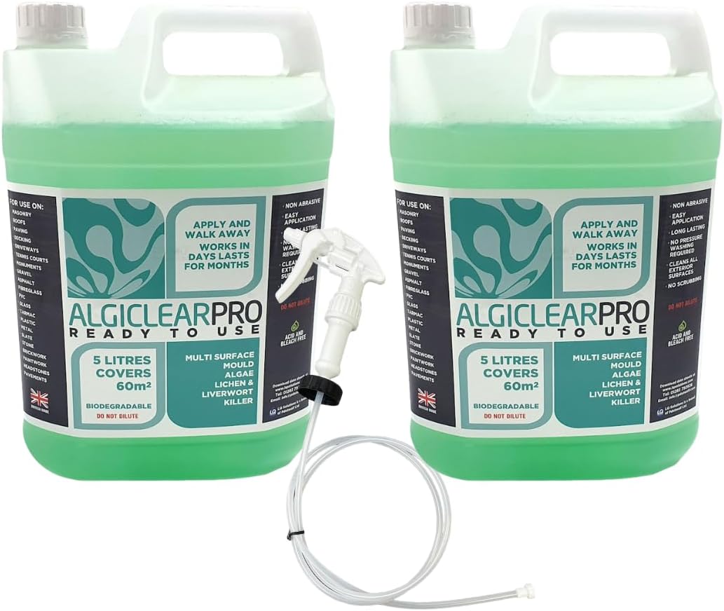 AlgiclearPro Ready to Use - Green Algae, Liverwort & Mould Remover for Large Outdoor Spaces – Cleans Fences, Roof Tiles, Solar Panels, Concrete, Tarmac, Bricks up to 120 m² - 2 x 5L with Trigger Spray
