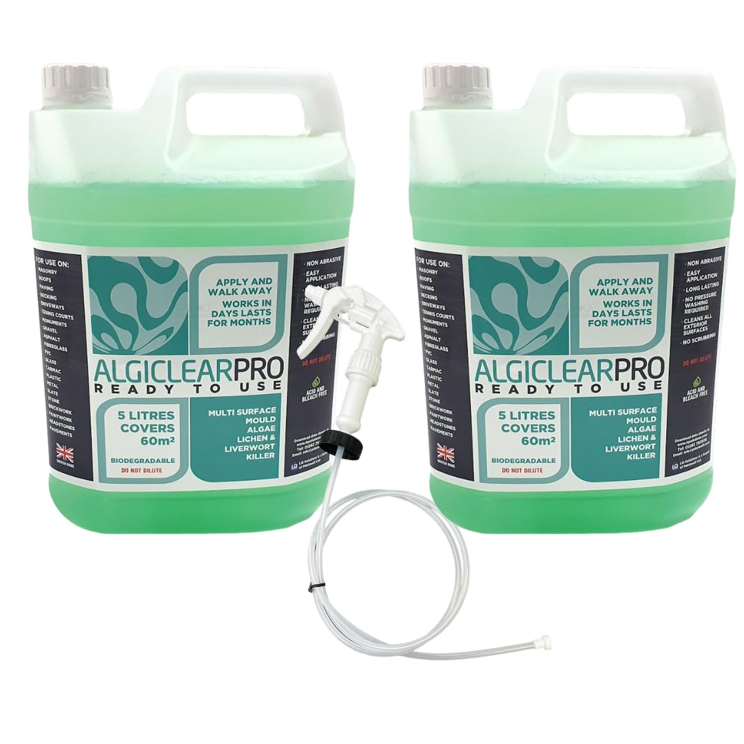 AlgiclearPro Ready to Use - Green Algae, Liverwort & Mould Remover for Large Outdoor Spaces – Cleans Fences, Roof Tiles, Solar Panels, Concrete, Tarmac, Bricks up to 120 m² - 2 x 5L with Trigger Spray