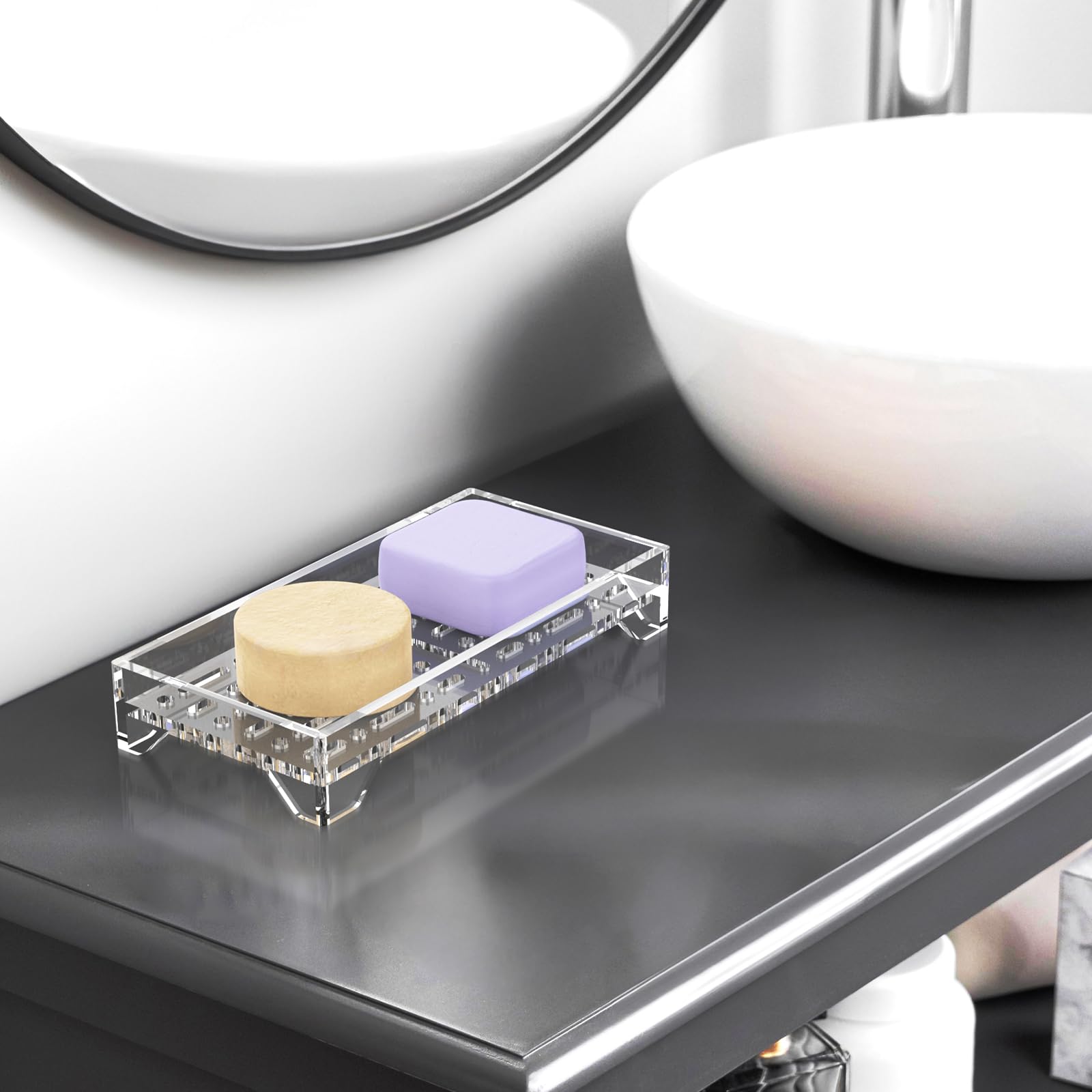 NiHome Seifenschale aus Acryl mit Ablauf, langlebiger Seifenhalter für Bad und Küche, 360° Luftzirkulation, hält Seife trocken und rückstandsfrei, leicht zu reinigen (Transparent)