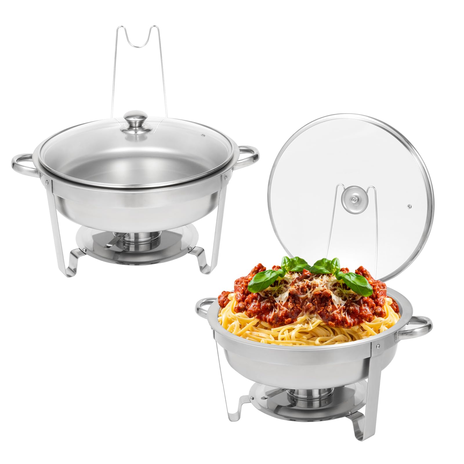 Restlrious Chafing Dish Buffet Set 2 Pack, 7.5 QT Stainless Steel Round Chafers and Buffet Warmers Set with Glass Viewing Lid and Lid Holder, Food Warmer for Catering, Party, Wedding, Banquet, Events