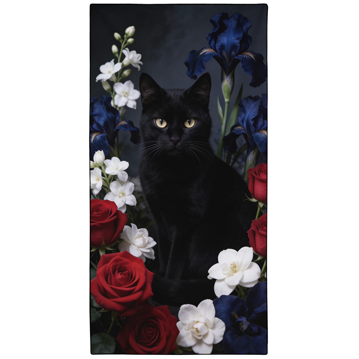 Violetpos Black Cat in Roses & Irises Beach Towel, Extra Large 180x90 cm 250GSM Microfibre, Sand Free Quick Dry, Ideal Vacation Gifts with Carry Bag for Pool Cruise Camping