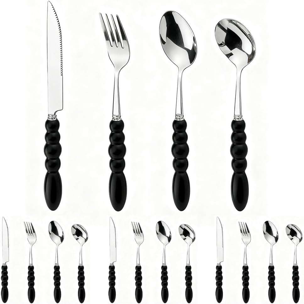 Cream Style Kitchen Stainless Steel Silverware Tableware Flatware Cutlery Set Pearl Ceramic Handle for Western Food (16-piece set,Black)