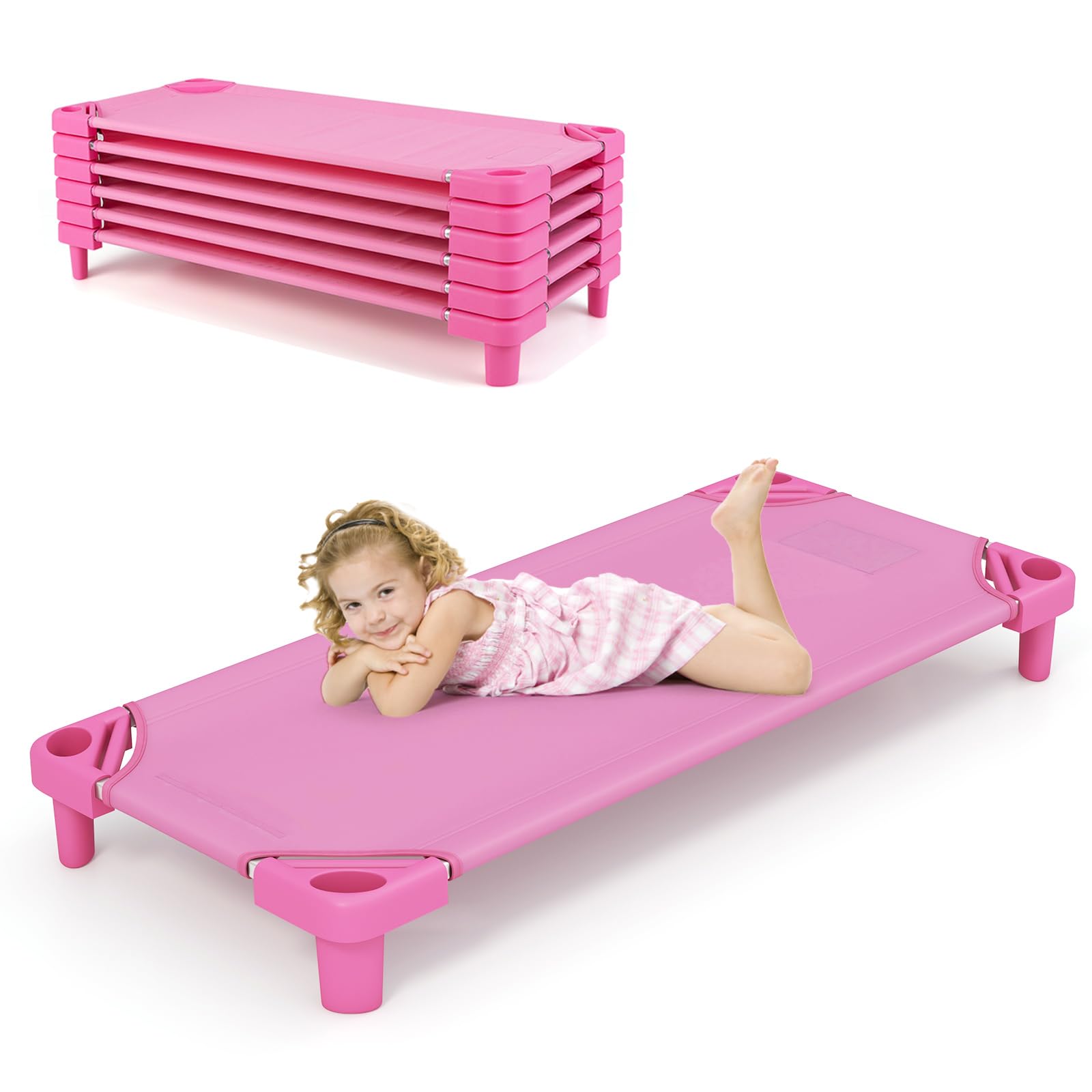 Fireflowery Toddler Cots for Sleeping, Stackable Cot Bed, Daycare Furniture w/Easy Lift Corners, Great for Preschool Classroom, Home, Pack of 6, Pink
