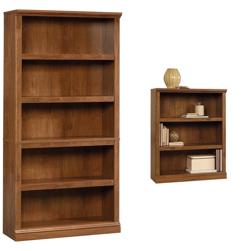 Photo 1 of Sauder 5-Shelf Split Bookcase, Oiled Oak Finish & Sauder Select 3-Shelf Bookcase, L: 35.28" x W: 13.23" x H: 43.78", Oiled Oak Finish Bookcase + Bookcase