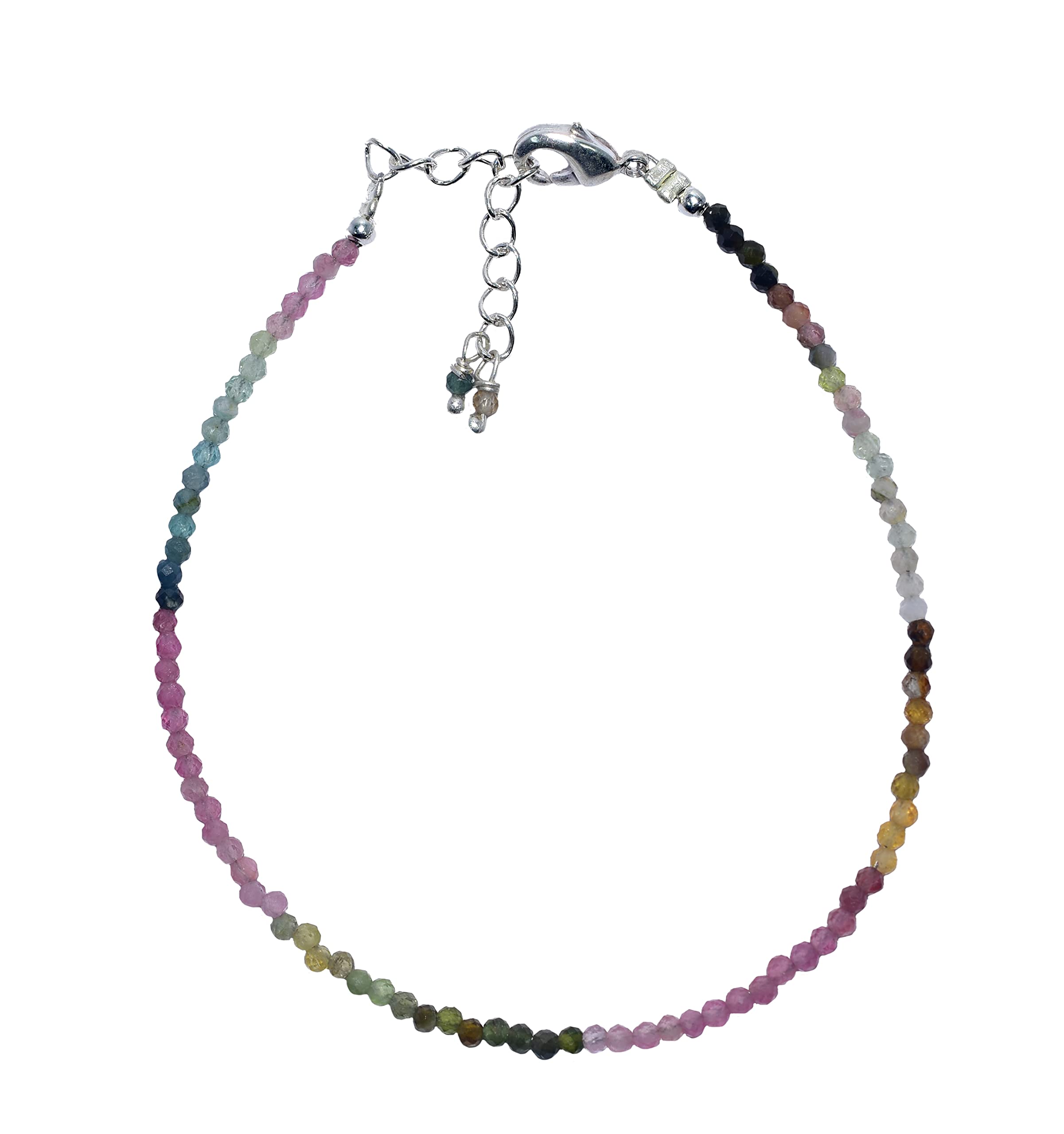 Multi Color Tourmaline Dainty Beads Bracelet Jewellery Natural Gemstone Birthstone Birthday Gift for her Chakra Healing Crystals Beads Silver Plated Chain 8 inch, Brass, red garnet