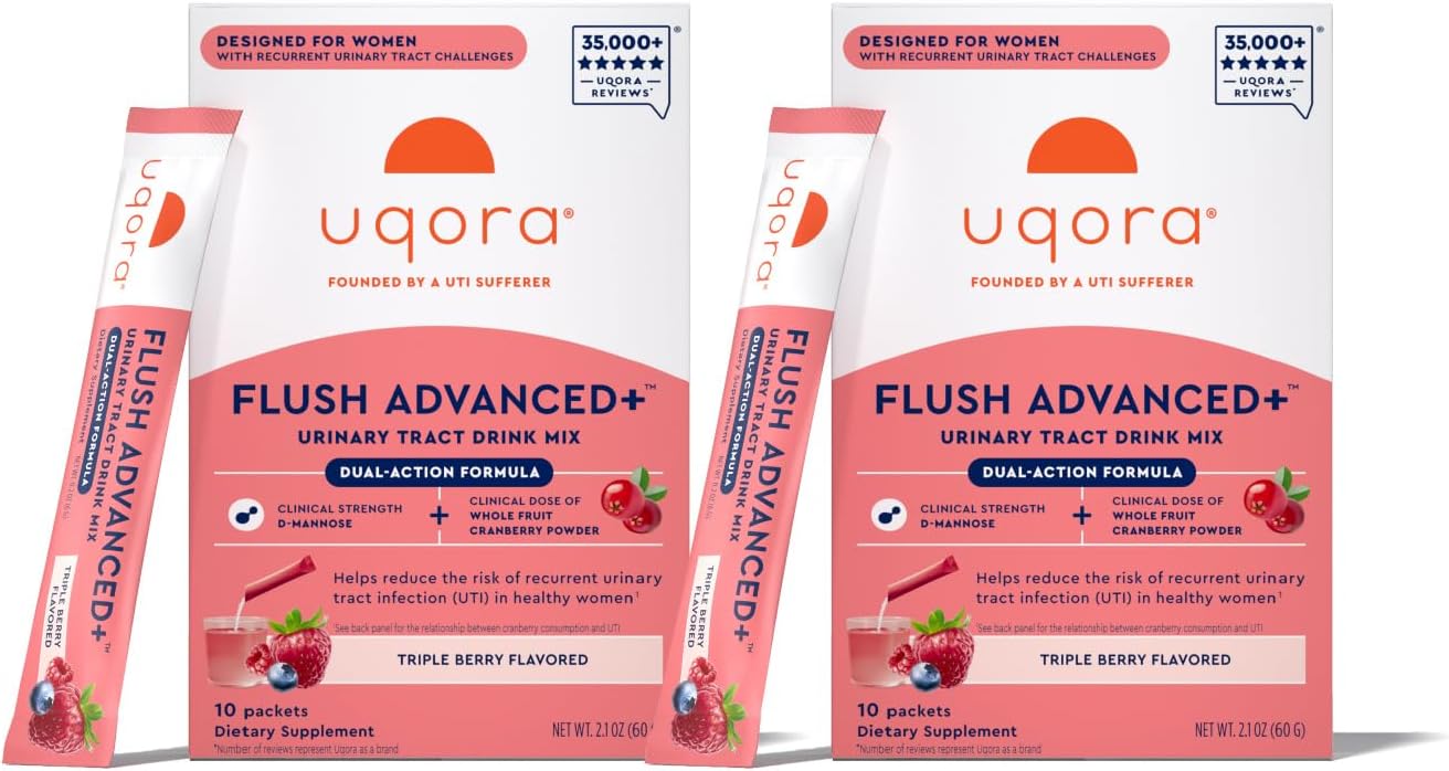 Uqora Flush Advanced+ - Helps Reduce Risk of Recurrent UTI** - with Cranberry, D-Mannose, Vitamin C, Vitamin B6 & Potassium - Gluten-Free & Vegan - Triple Berry Flavor - 20 Packets Total (2 Pack)