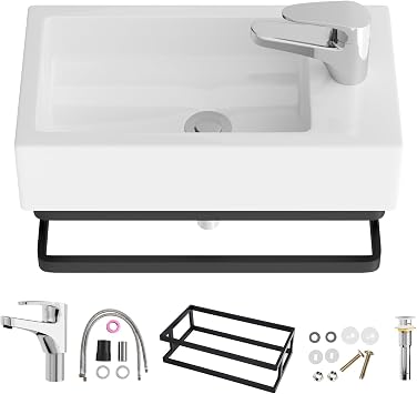Sarlai Wall Hung Ceramic Bathroom Sink - Modern White Wash Basin,Rectangle Small Vessel Sink with Tap, Towel Tail & Pop-up Drain for Bathroom Cloakroom 46   27   11 cm - Right Tap Hole