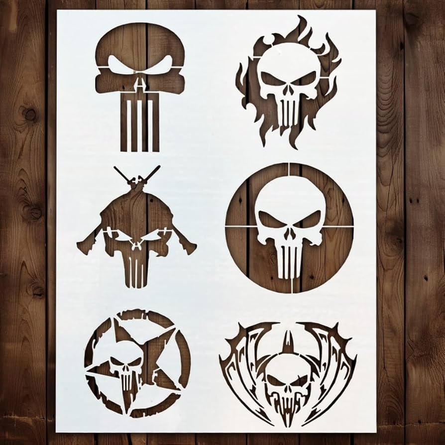 Amazon.com : Punisher Stencil | Reusable Halloween Horror Skull Face Paint Gothic Graffiti Street Art Stencils for Painting on Wood, Glass, Wall, Rock, Fabric, Walls, Canvas, Glassware, Airbrushing 8.5