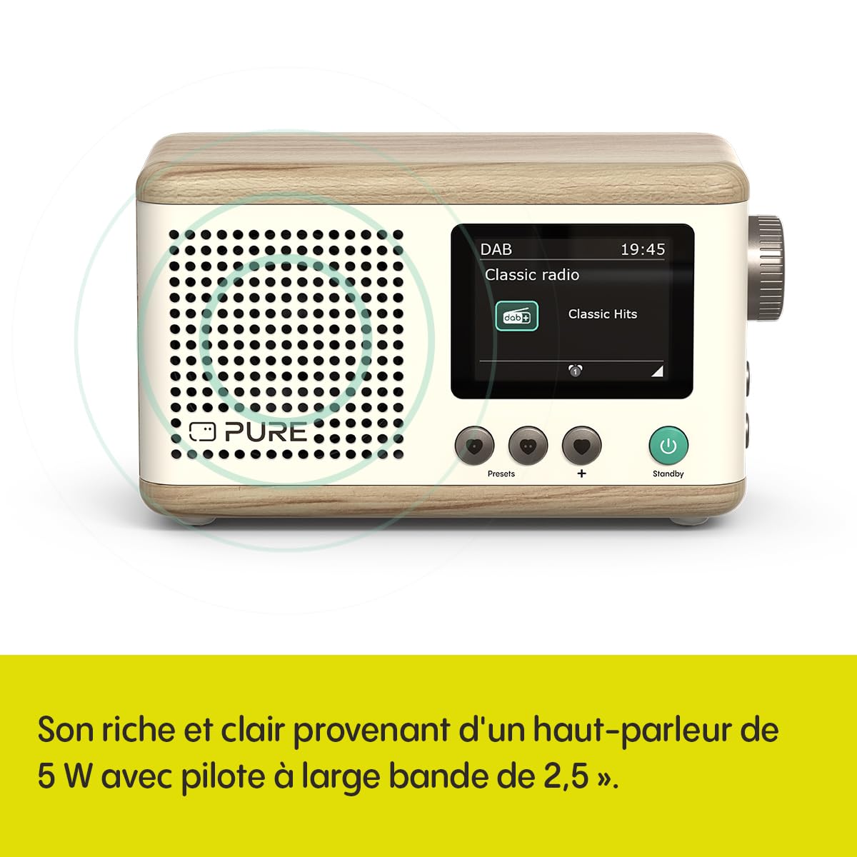 Pure Mini Radio numérique Portable Classique - Dab+ & FM - Bluetooth 5,3-15 Heures d'autonomie - 2 Options d'égaliseur - écran Couleur 2,4" - Sangle de Transport - Coton Blanc/chêne - Compact et léger