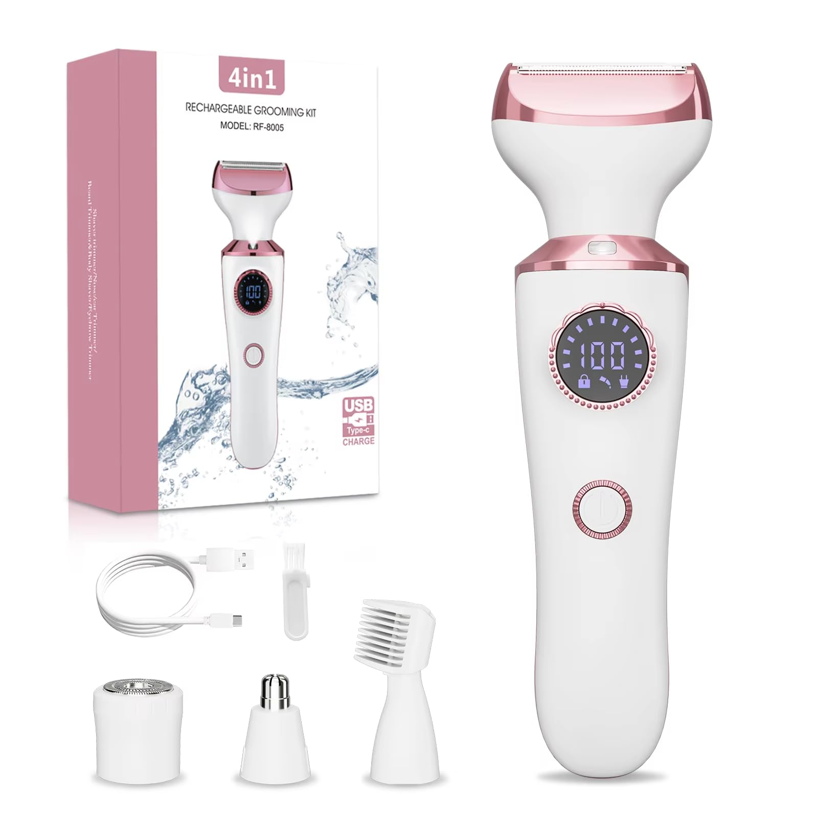 4-in-1 Women Rechargeable Trimmer & Shaver for Face Underarms Bikini Legs | Wet Dry Cordless Hair Removal with LED Light & Travel Lock | 90 Mints Operating Time