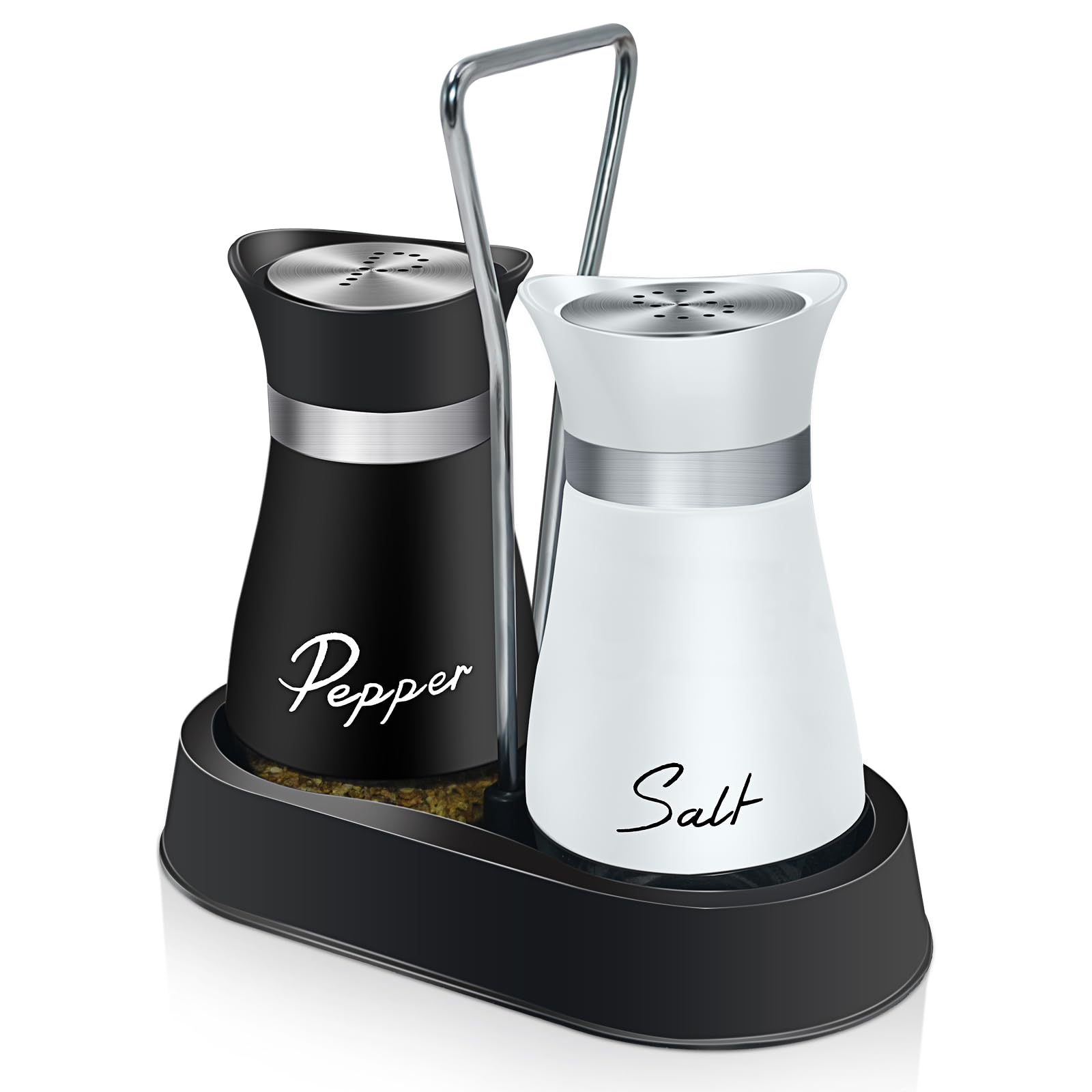 Country Salt and Pepper Shakers Set including Holder, Vintage Glass Black and White Shaker Pots