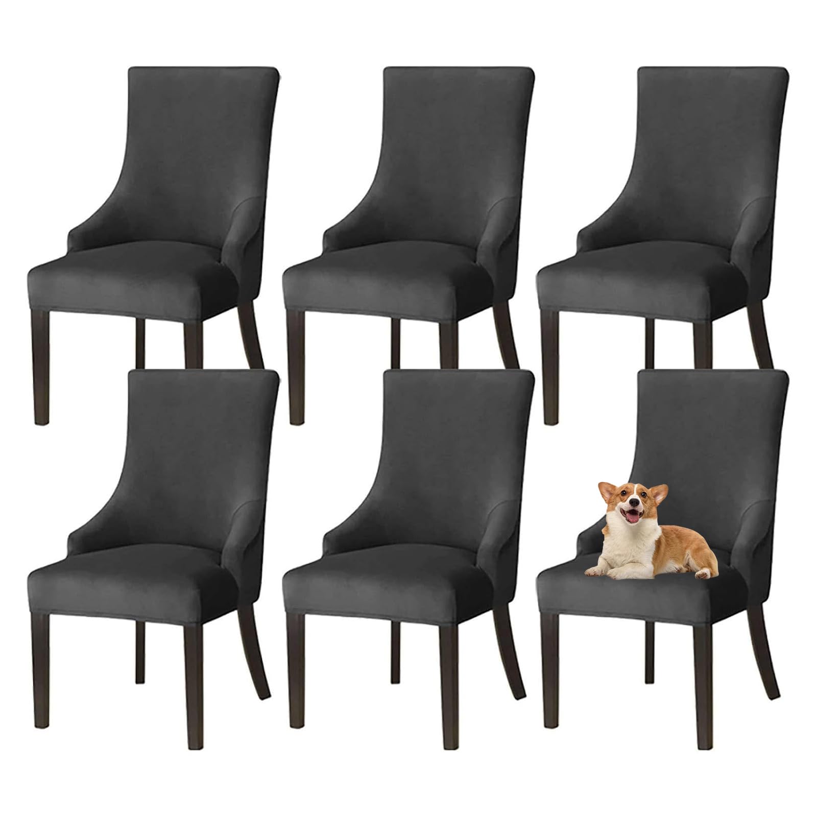 GUYIRT Velvet Wingback Dining Chair Covers Wingback Side Chair Cover Slipcover Sloping Armchair Cover with Elastic Bottom for Kitchen Banquet (black,set of 6)