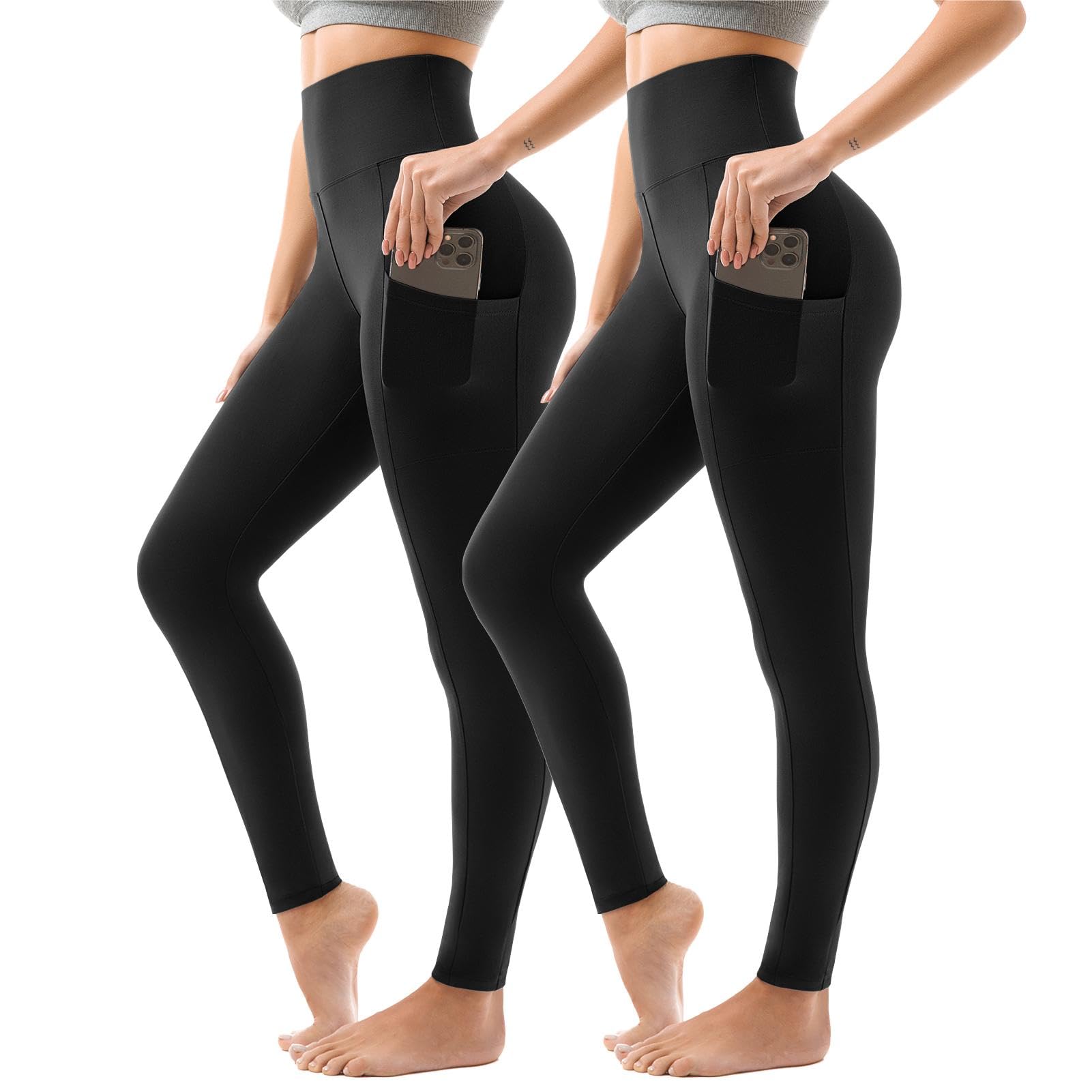 Sanpetix Sport Leggings Damen High Waist, Sporthose Damen Lang Mit Taschen Für Gym Yoga 2er Pack SM Schwarz/Grau