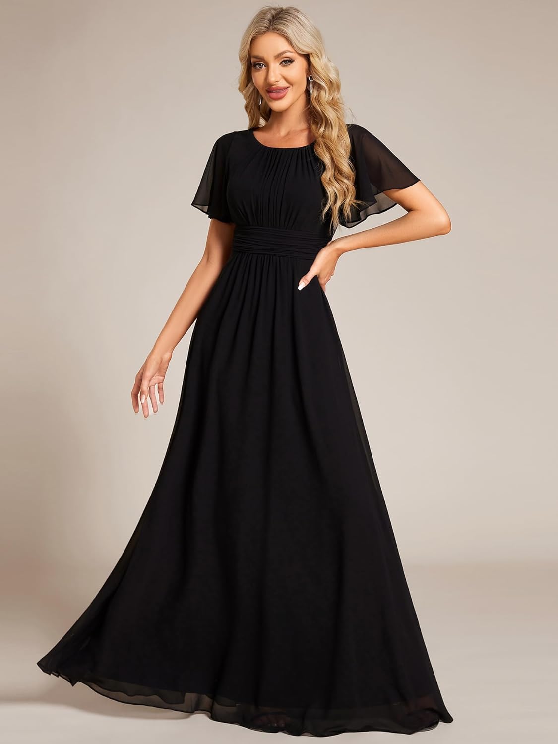 Ever-Pretty Women's Spring Elegant Round Neck Short Sleeve Chiffon Empire Waist Floor Length Formal Dresses Bridesmaid Dress - Image 3