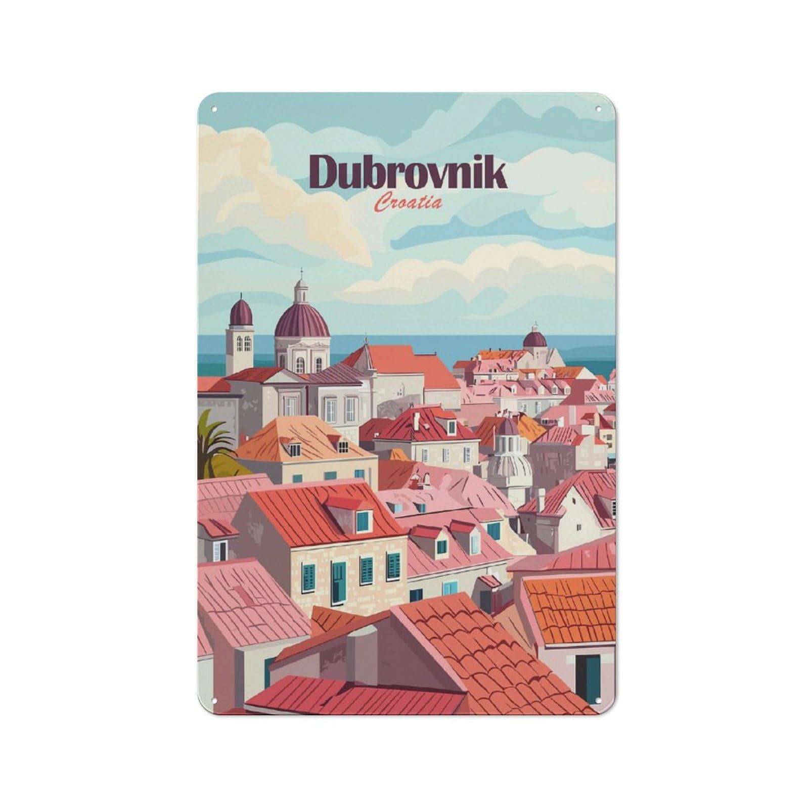 Junmoney Style-14 Dubrovnik Croatia Cityscape Illustration Rustic Tin Sign 30X20cm For Living Room Wall, Suited To Home Wall Decor Collectors