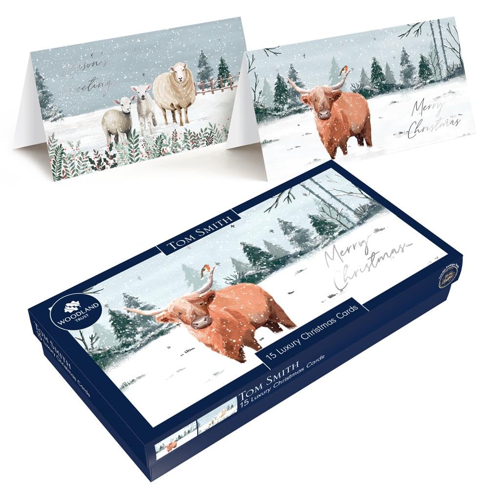 Tom Smith Boxed Christmas Cards Pack - 15 Luxury Xmas Cards with Envelopes and Seals - Slimline Highland Cow & Sheep Designs - Recycled Eco Friendly Christmas Card Set