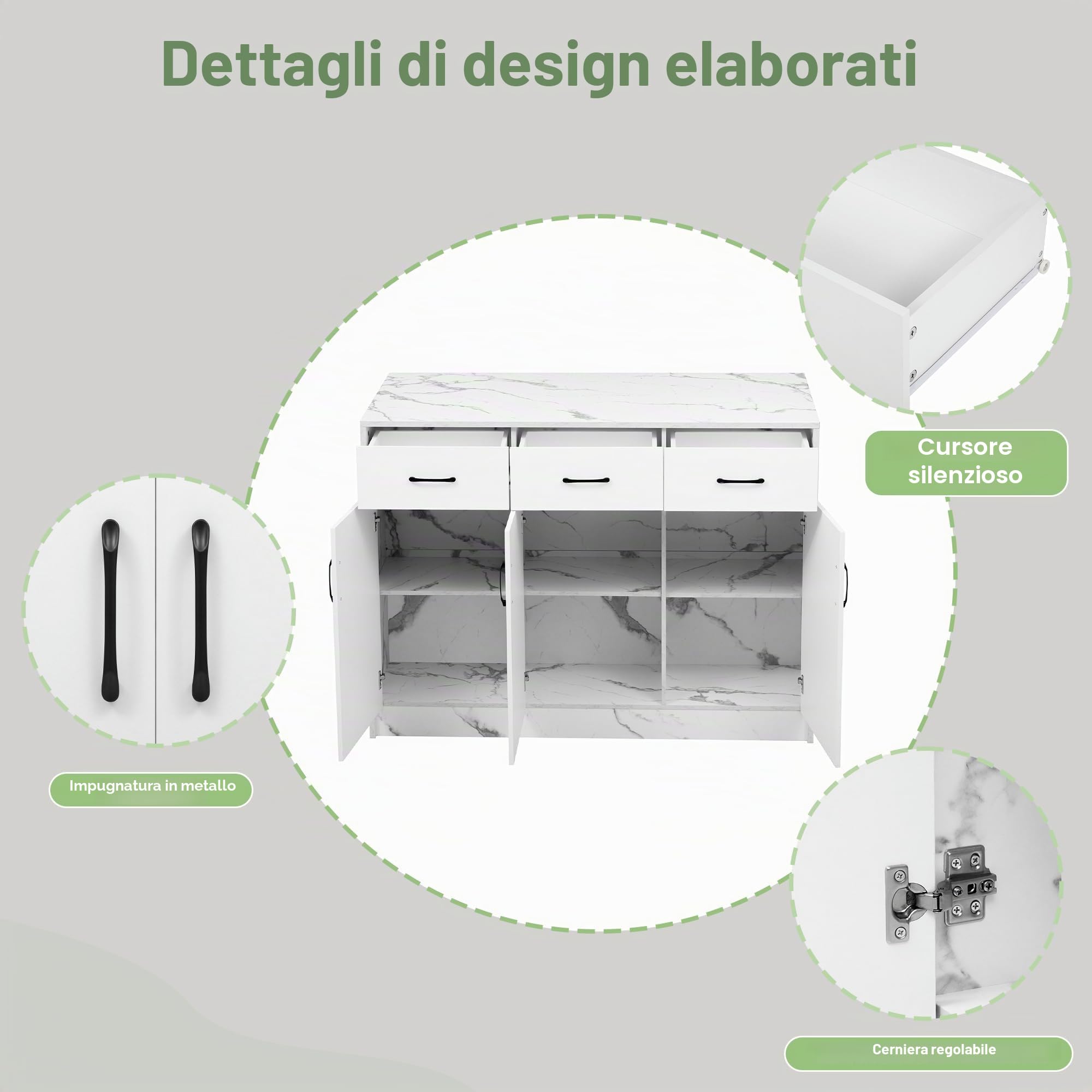 Armadio da cucina 120 x 60 x 90,5 cm, 3 cassetti e 3 ante, design marmo bianco, ripiani regolabili, design zona bar – Utensili da cucina eleganti e pratici
