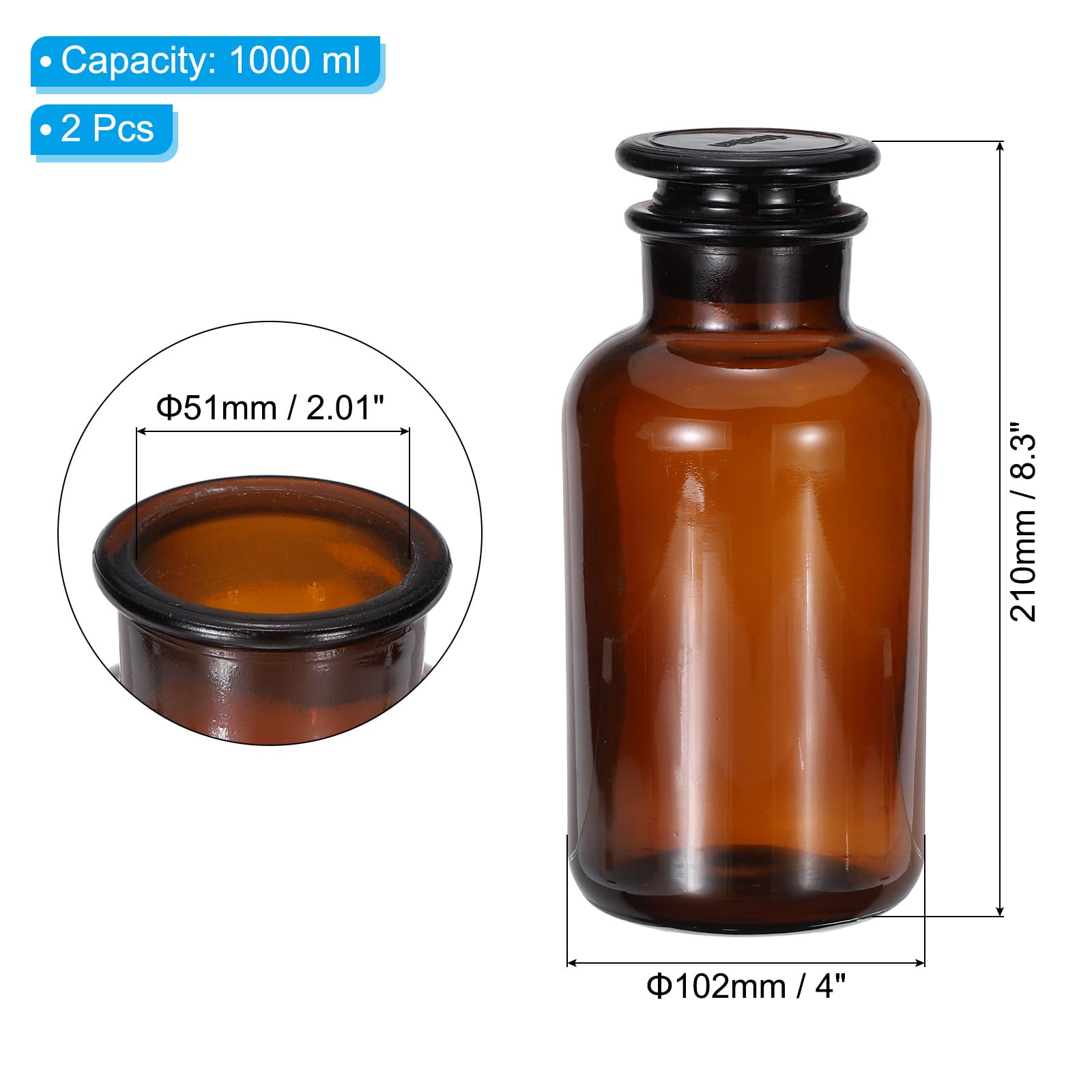 PATIKIL Bottiglia 2 Pezzi 1000ml Vetro Bocca Larga Bottiglia Per Conservazione Reagenti Con Tappo In Vetro Smerigliato Per Laboratorio Acqua Reagenti Liquidi, Chimica, Scienza, Vaso.