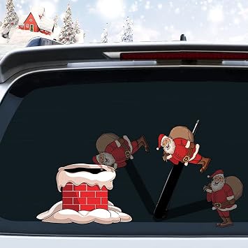 Christmas Santa Claus and Chimney Rear Window Wiper Decal Funny Waving Arm Wiper Sticker Waterproof Reusable Windshield Wiper Decal Christmas Decoration Car Sticker Santa Claus with Gift and Chimney