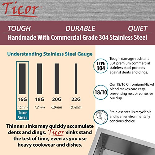 17-1/4" Ticor S3640 Pacific Series 16-Gauge Undermount Stainless Steel Single Bowl Zero Radius Square Kitchen Bar Sink With Accessories #TOP6
